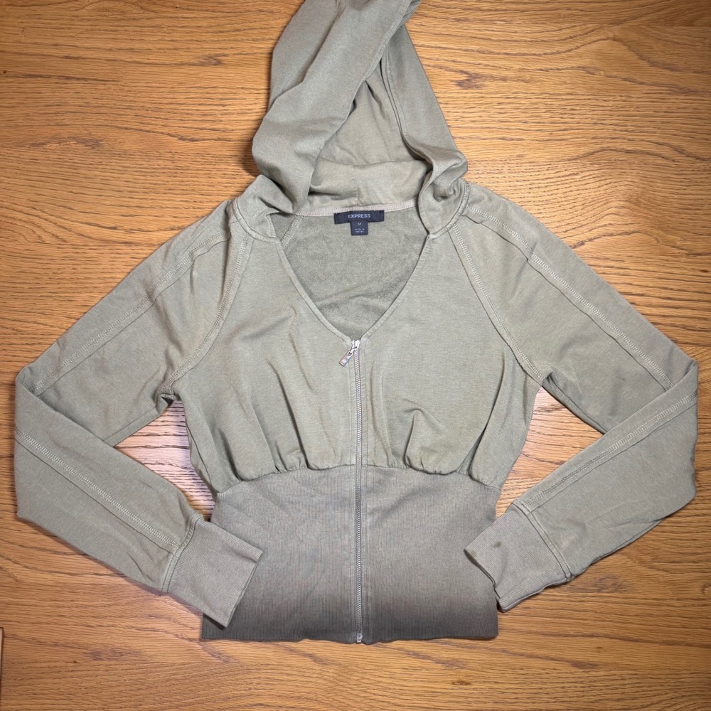 Express Vintage Y2K Olive Green Zip Up Hoodie Ribbed Waist Cinched Medium